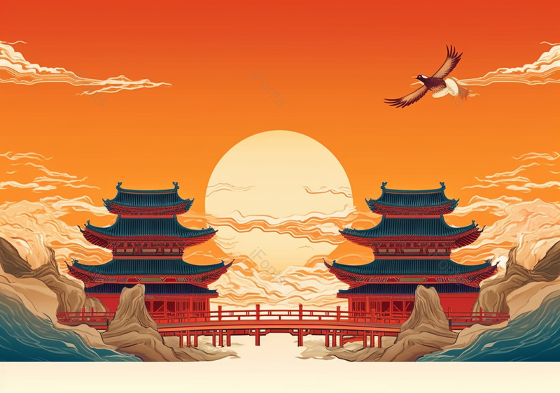 山川河流夕阳塔阁楼楼阁故宫殿堂天坛中国风国潮插画,插画/手绘图,插画/手绘图库,插画/手绘图下载,插画/手绘